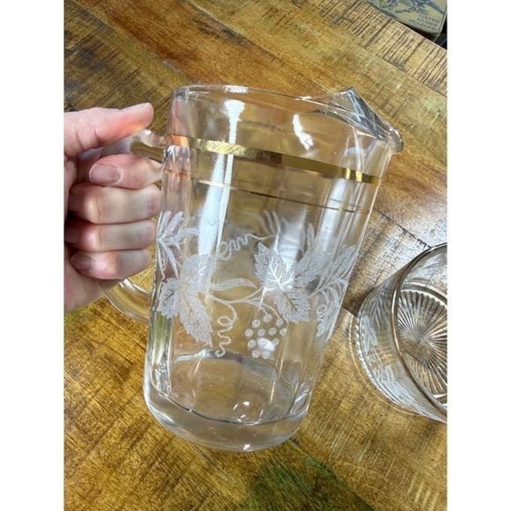Vintage MCM Glass Pitcher and Ice Bucket Set Gold Rim Frosted Grape Vine White